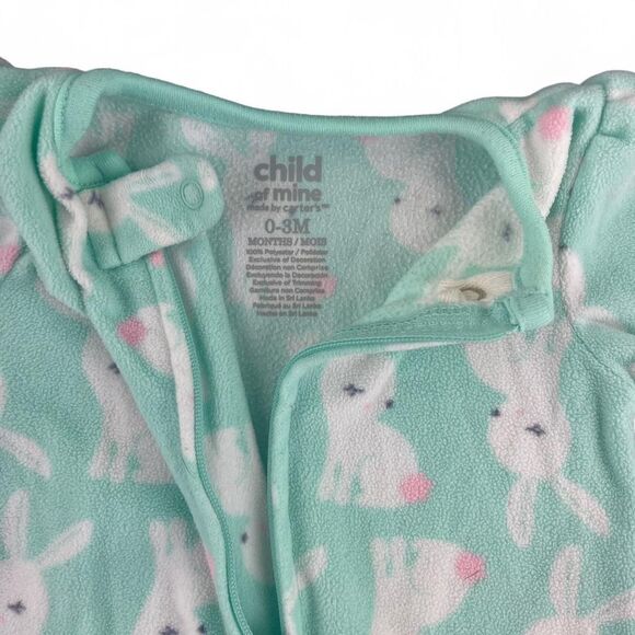 green and white fleece bunny sleeper with zipper & footies size 0-3 months - Picture 3 of 3